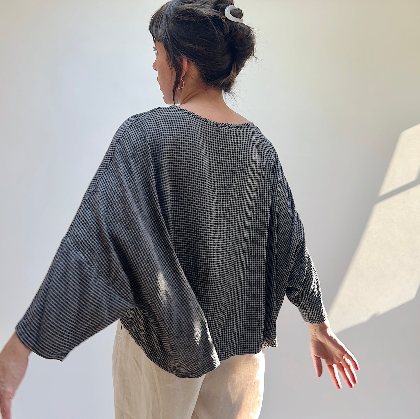 One Size Crop Top in Black Mini Crinkle Check