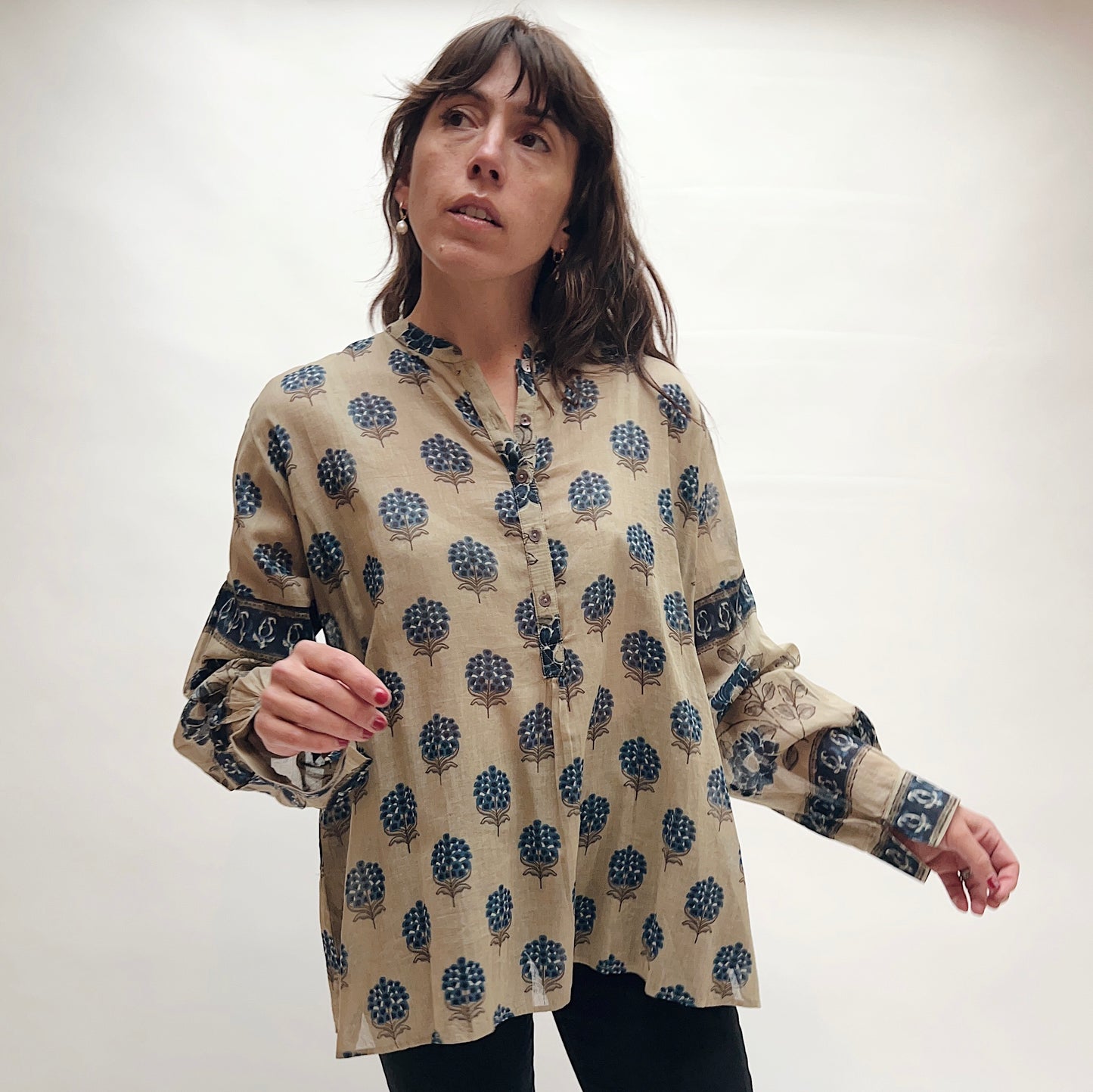 Jaipur Tunic Blouse in Blue Pepple Print