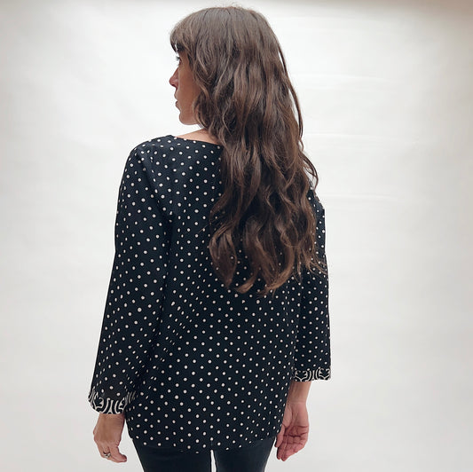 Boat Neck Blouse in Black & White Polka Dot Print