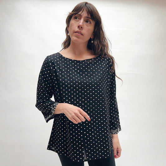 Boat Neck Blouse in Black & White Polka Dot Print