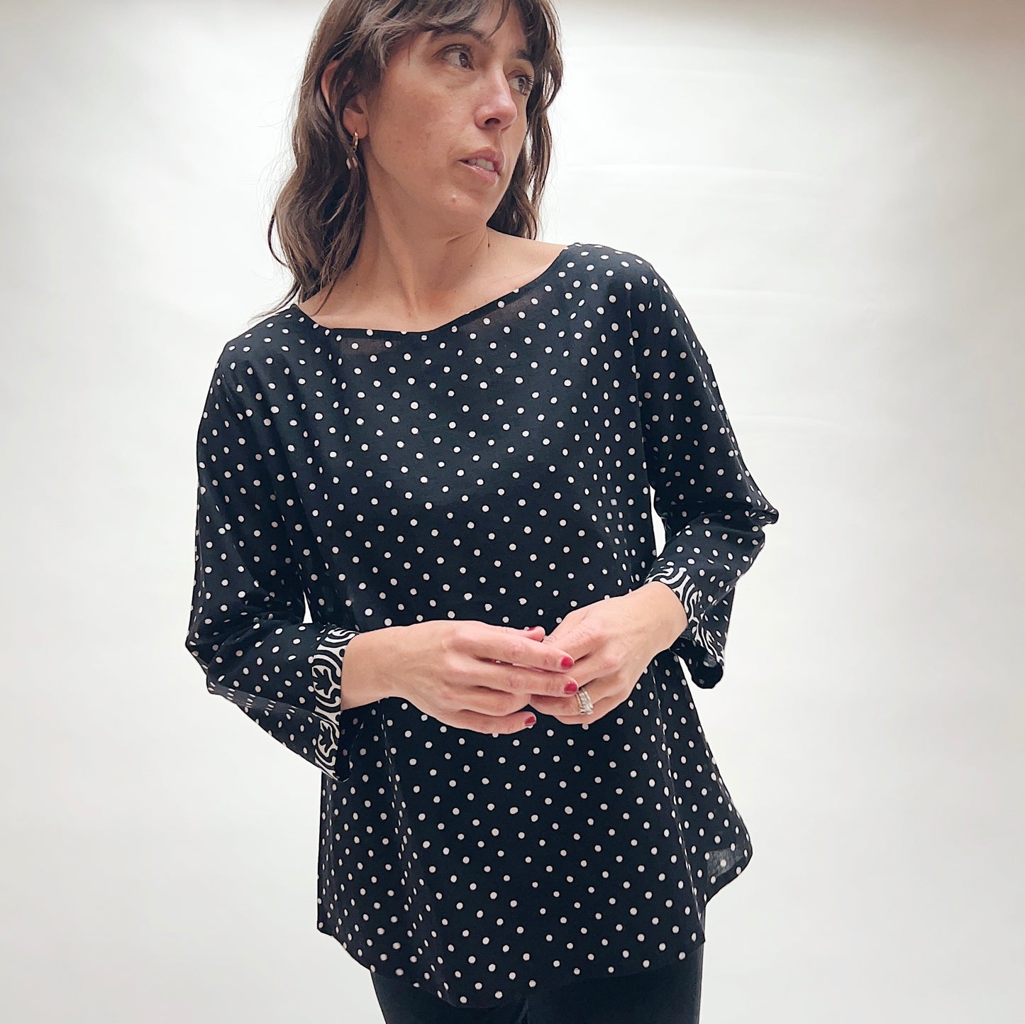 Boat Neck Blouse in Black & White Polka Dot Print