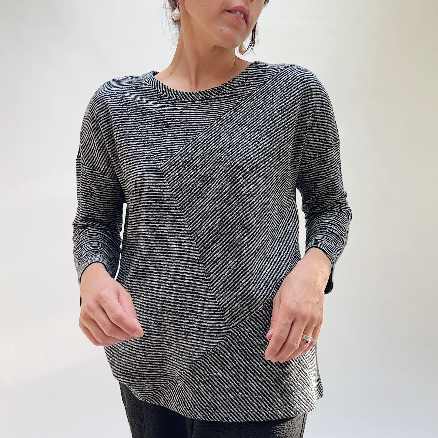 Pasadena Knit Pacific Stripe Seamed Top in Black