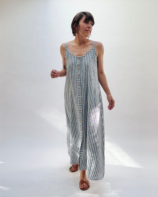 Button Front Dress in Grey Stripe