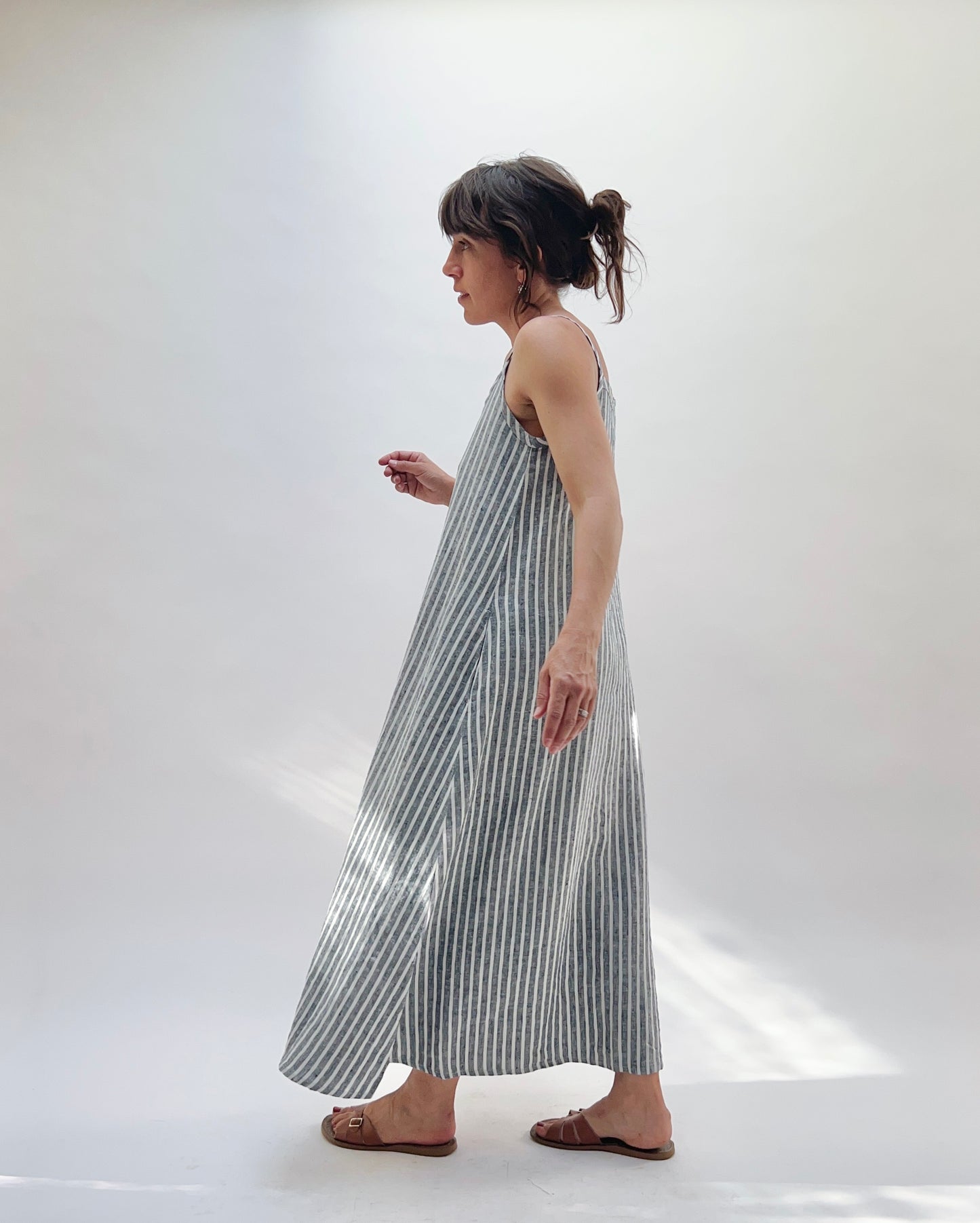 Button Front Dress in Grey Stripe