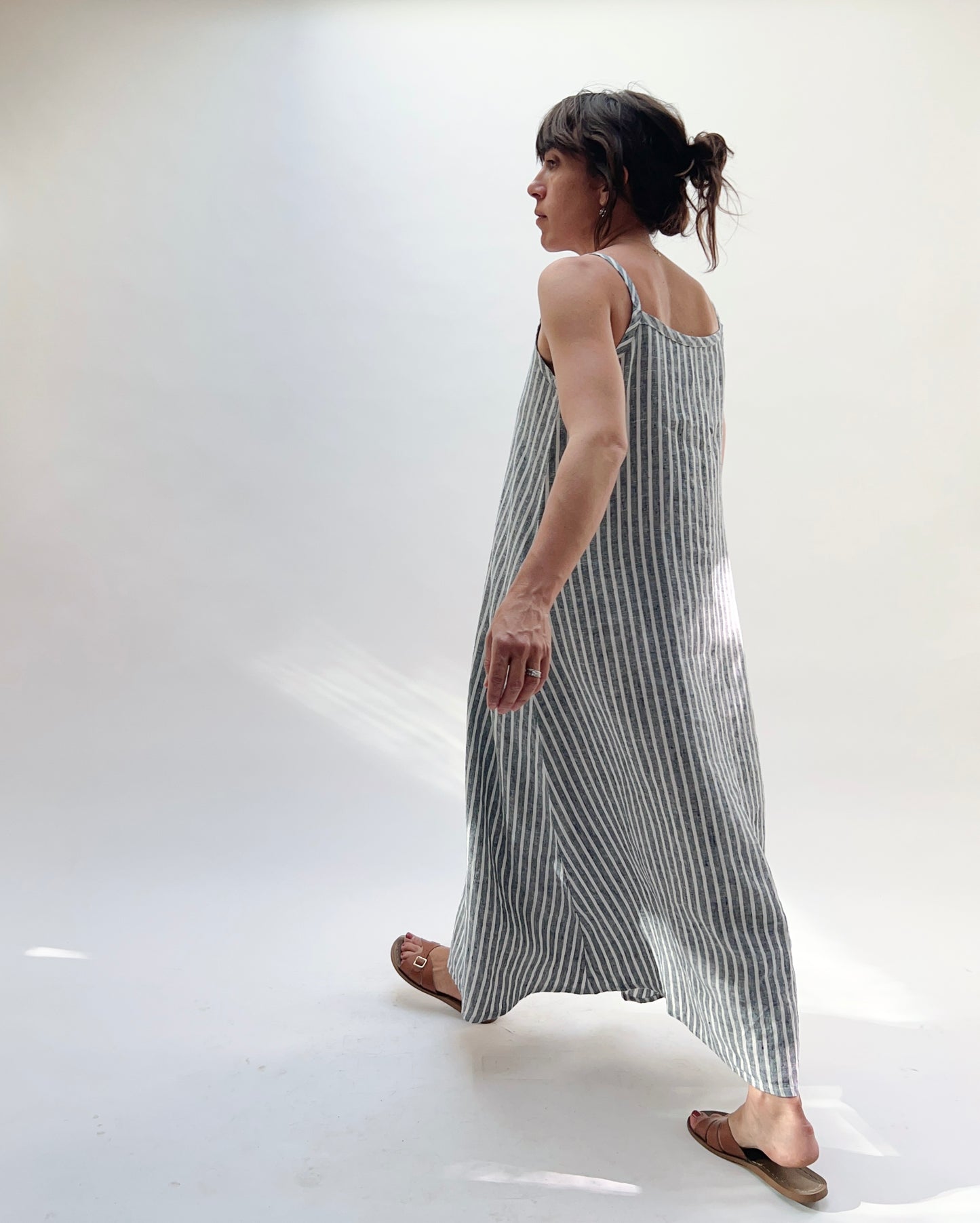 Button Front Dress in Grey Stripe