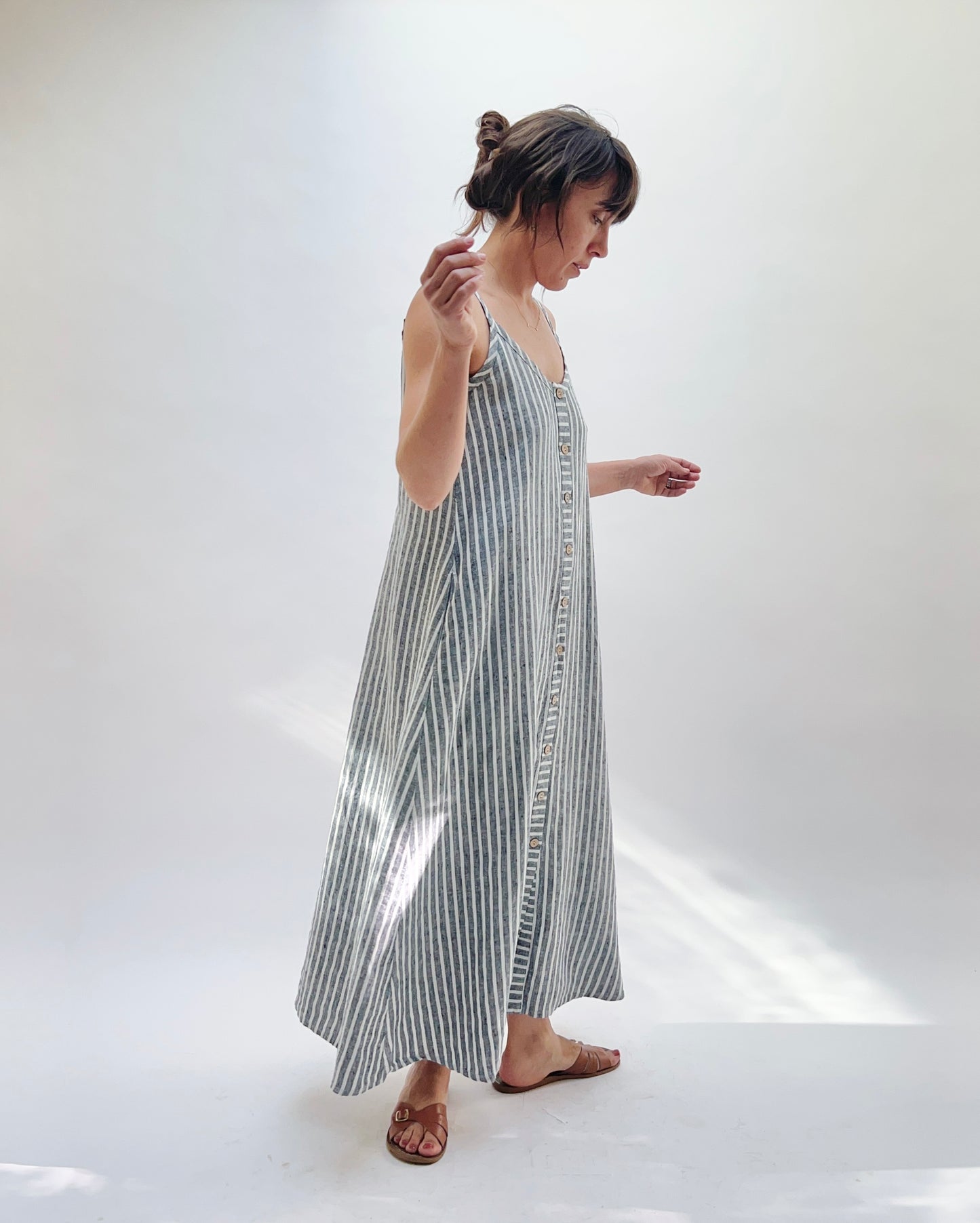 Button Front Dress in Grey Stripe