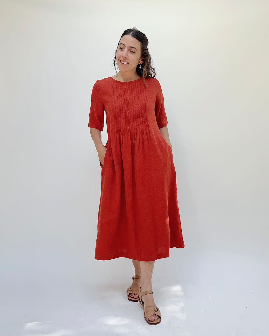 Yuvita | Pintuck Pleat Dress in Brick