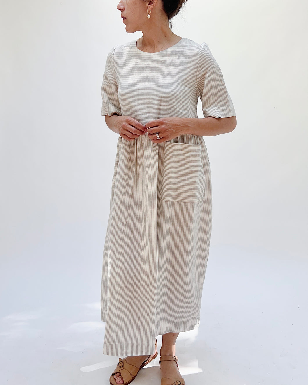 Yuvita | Front Pocket Dress in Natural Pinstripe