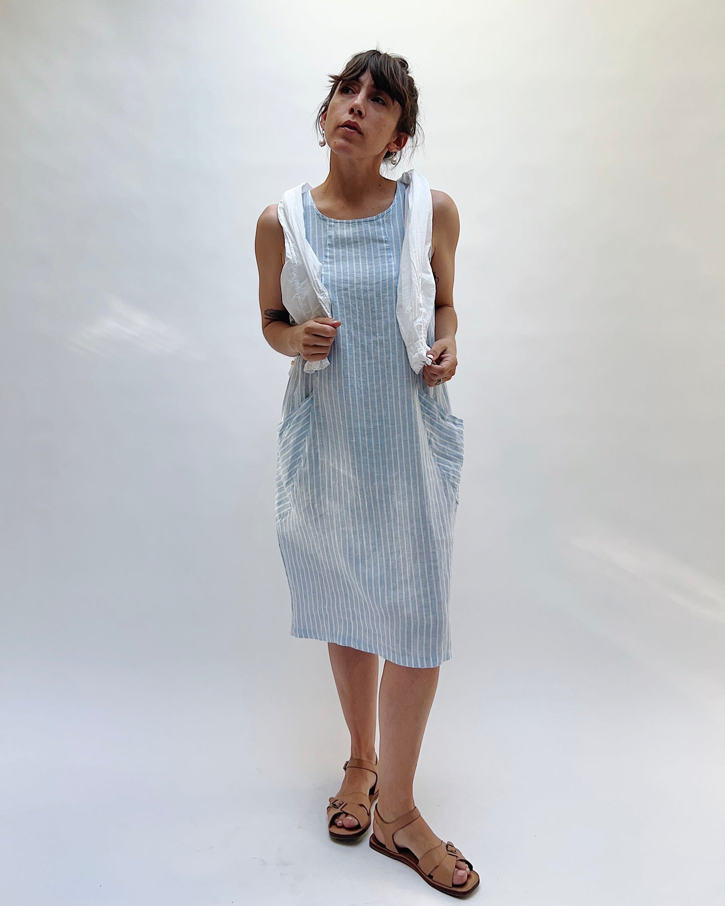 Pocket Shift Dress in Blue Stripes
