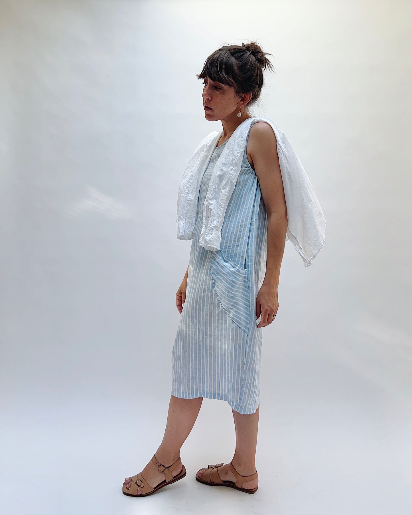Pocket Shift Dress in Blue Stripes
