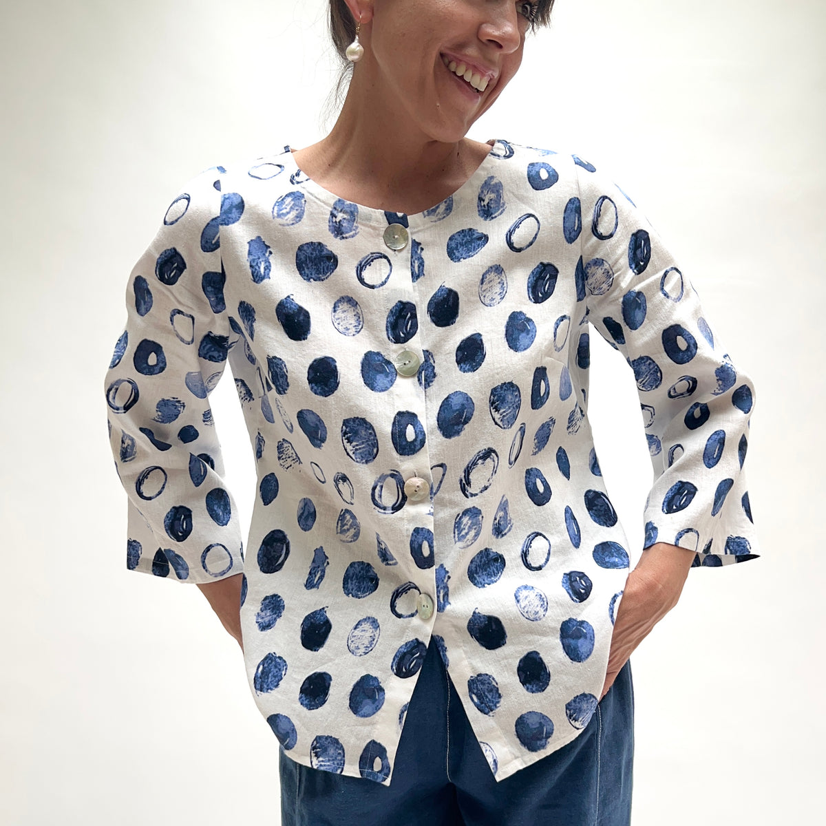 Dots Button Up Linen Dot Button Up Blouse in Blue & White – Dotter