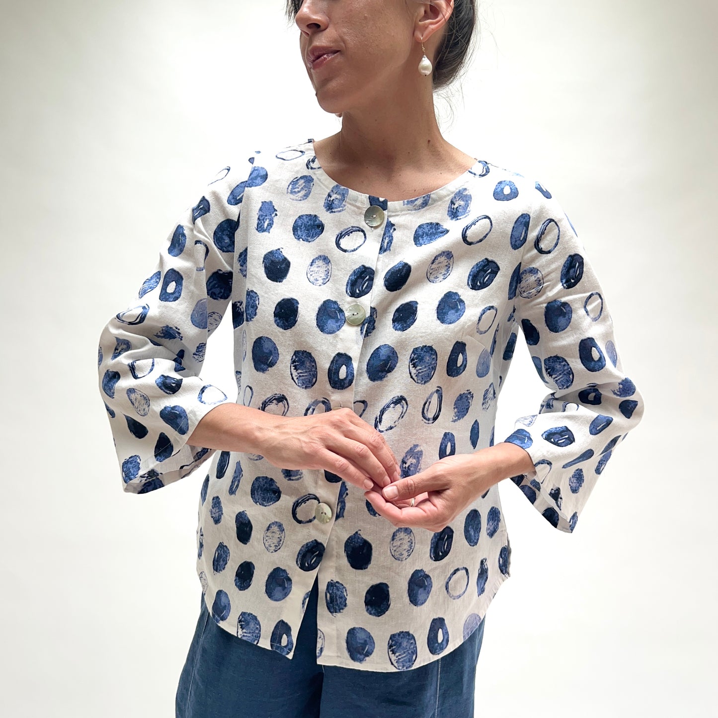 Linen Dot Button Up Blouse in Blue & White