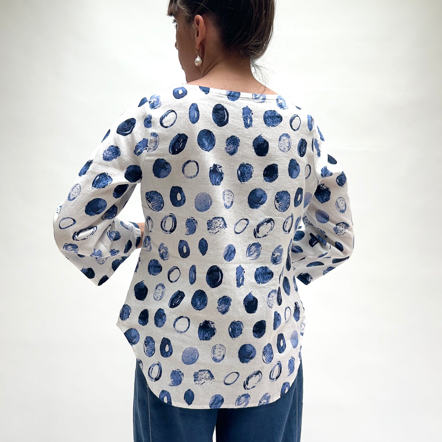 Linen Dot Button Up Blouse in Blue & White