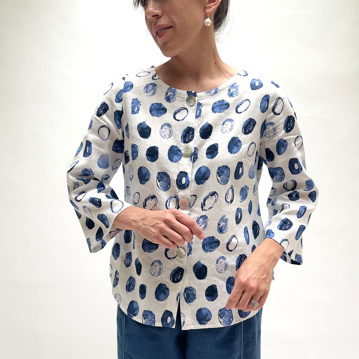 Dots Button Up Linen Dot Button Up Blouse in Blue & White – Dotter