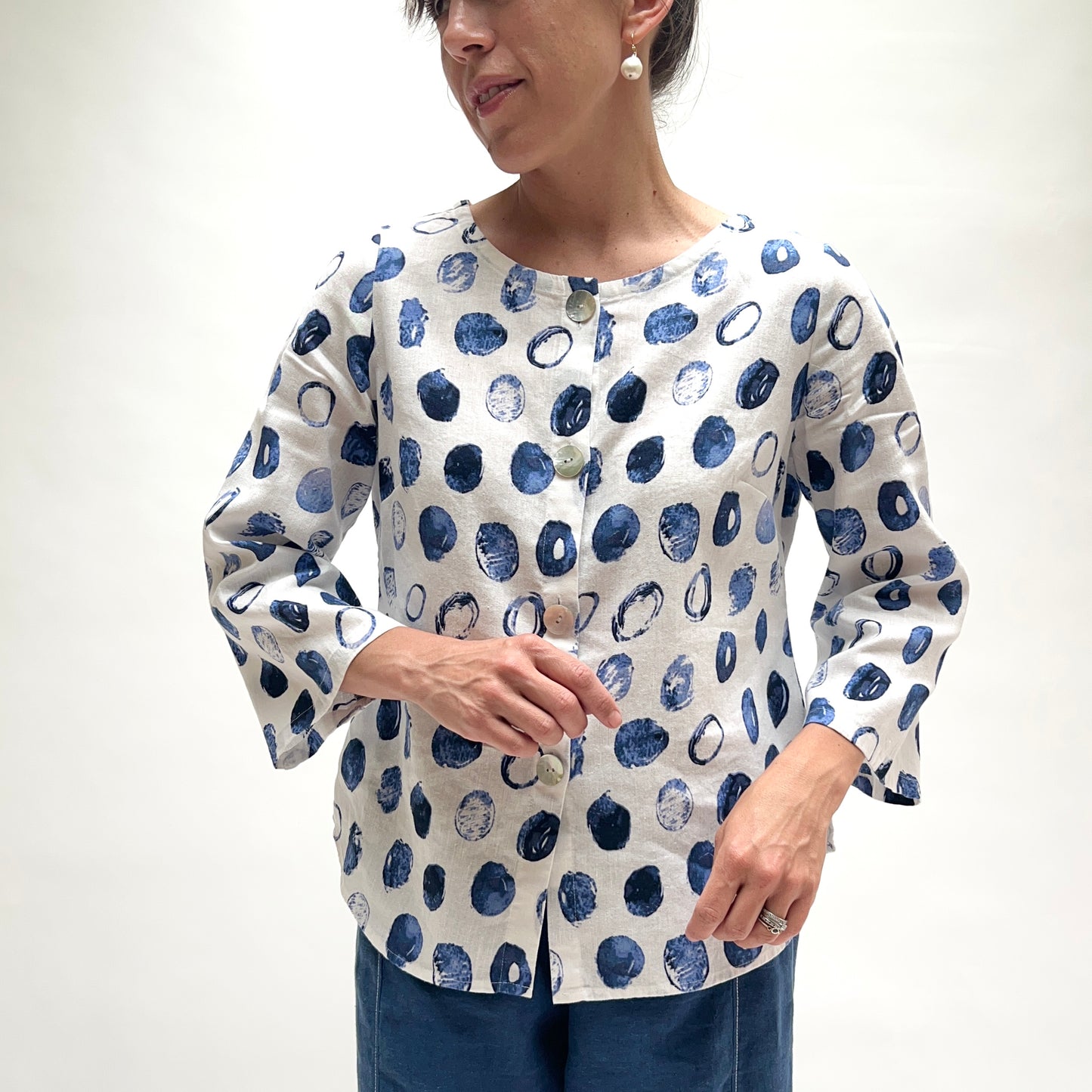 Linen Dot Button Up Blouse in Blue & White