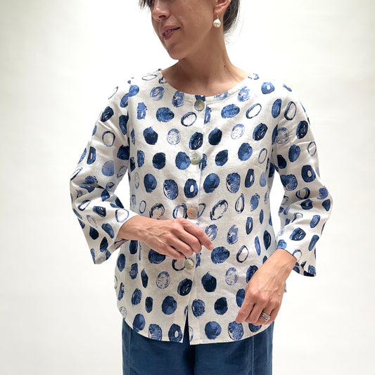 Linen Dot Button Up Blouse in Blue & White