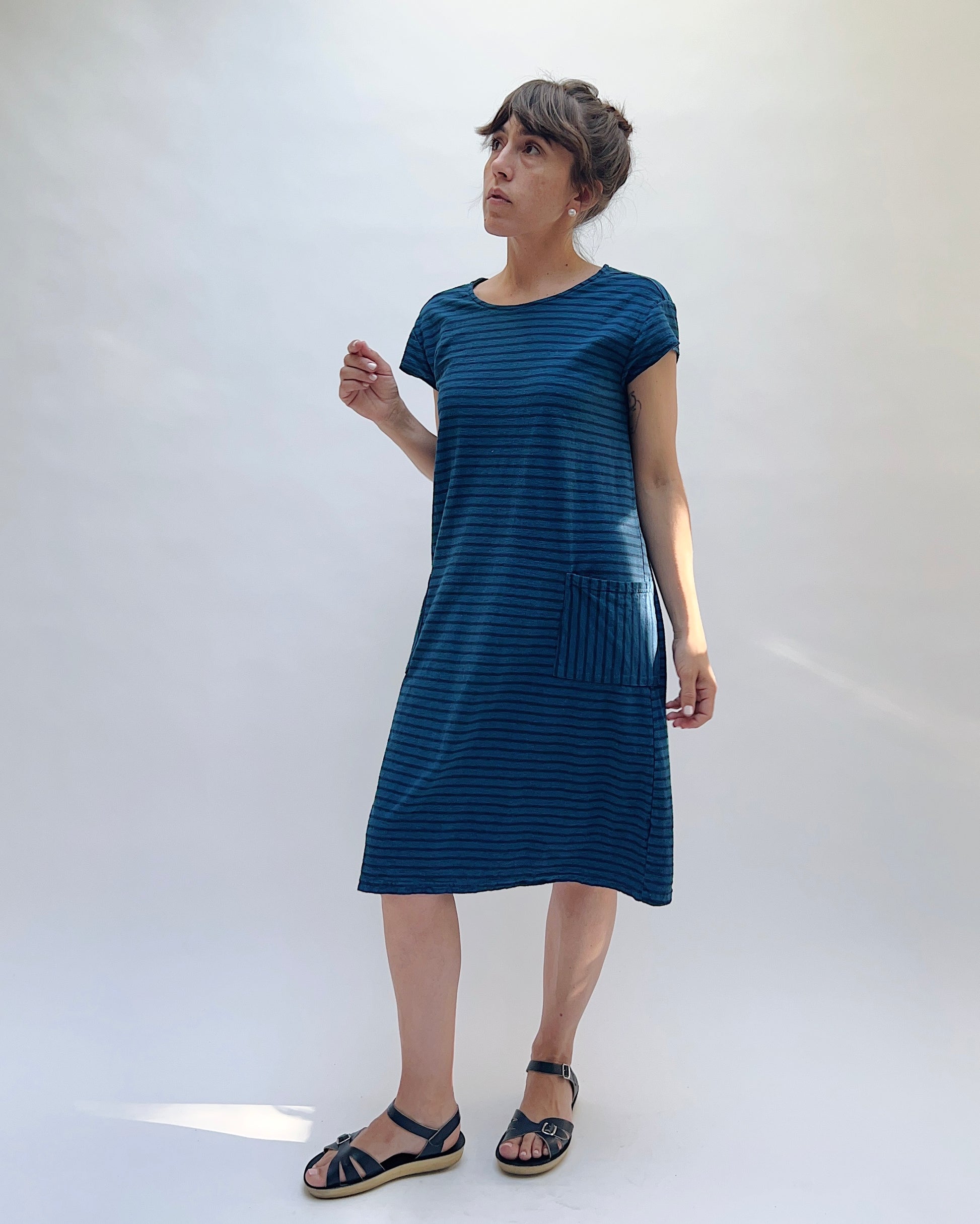 blue striped t shirt dress Navy Stripe Print Button Shoulder T-Shirt For the office Egyptian Blue Striped Short Shirt