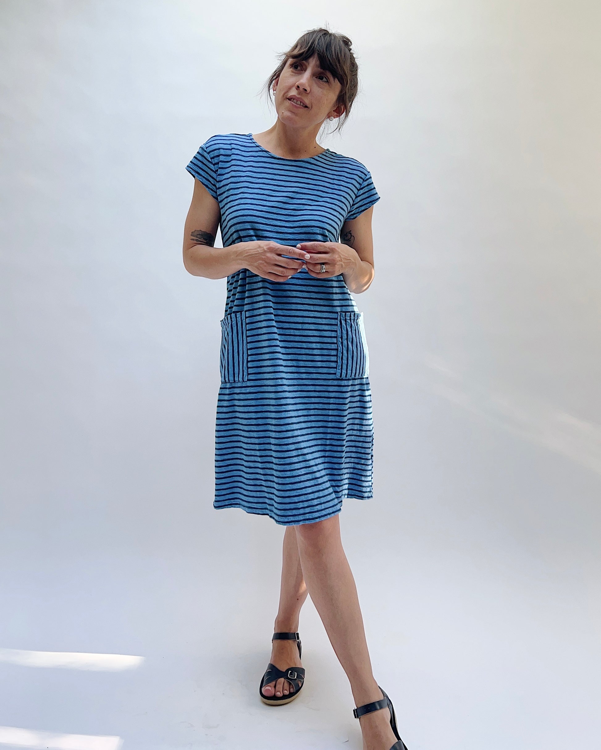 T-Shirt Dress in Forget Me Not & Navy Stripes