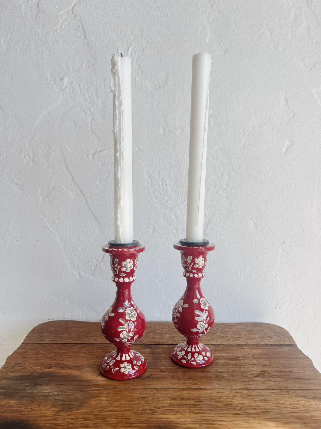 Scandinavian Hand-Painted Taper Holder in Red, White & Grey
