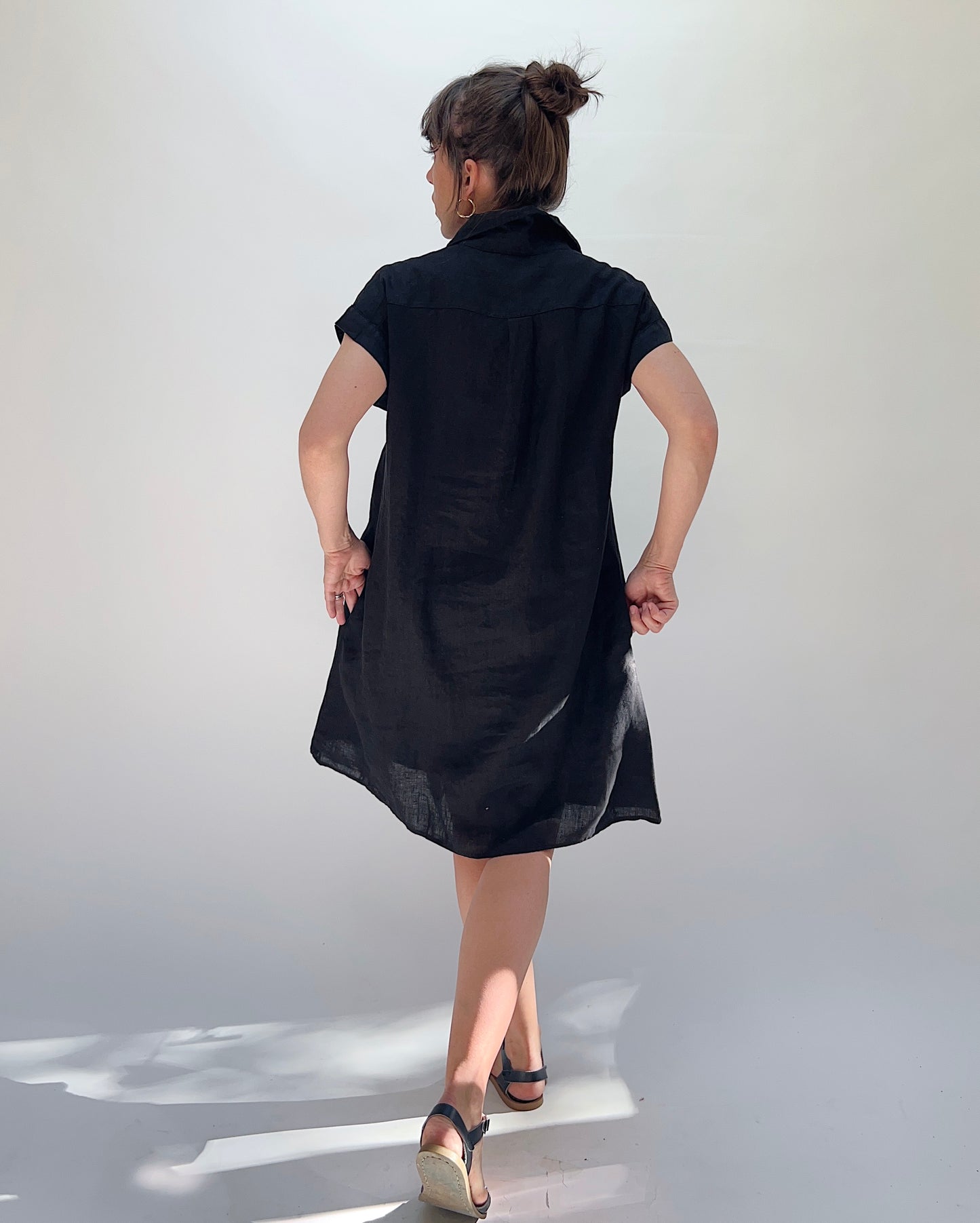 Hanky Linen Cap Sleeve Shirt Dress in Black