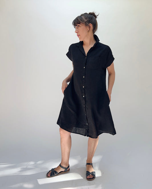 Hanky Linen Cap Sleeve Shirt Dress in Black