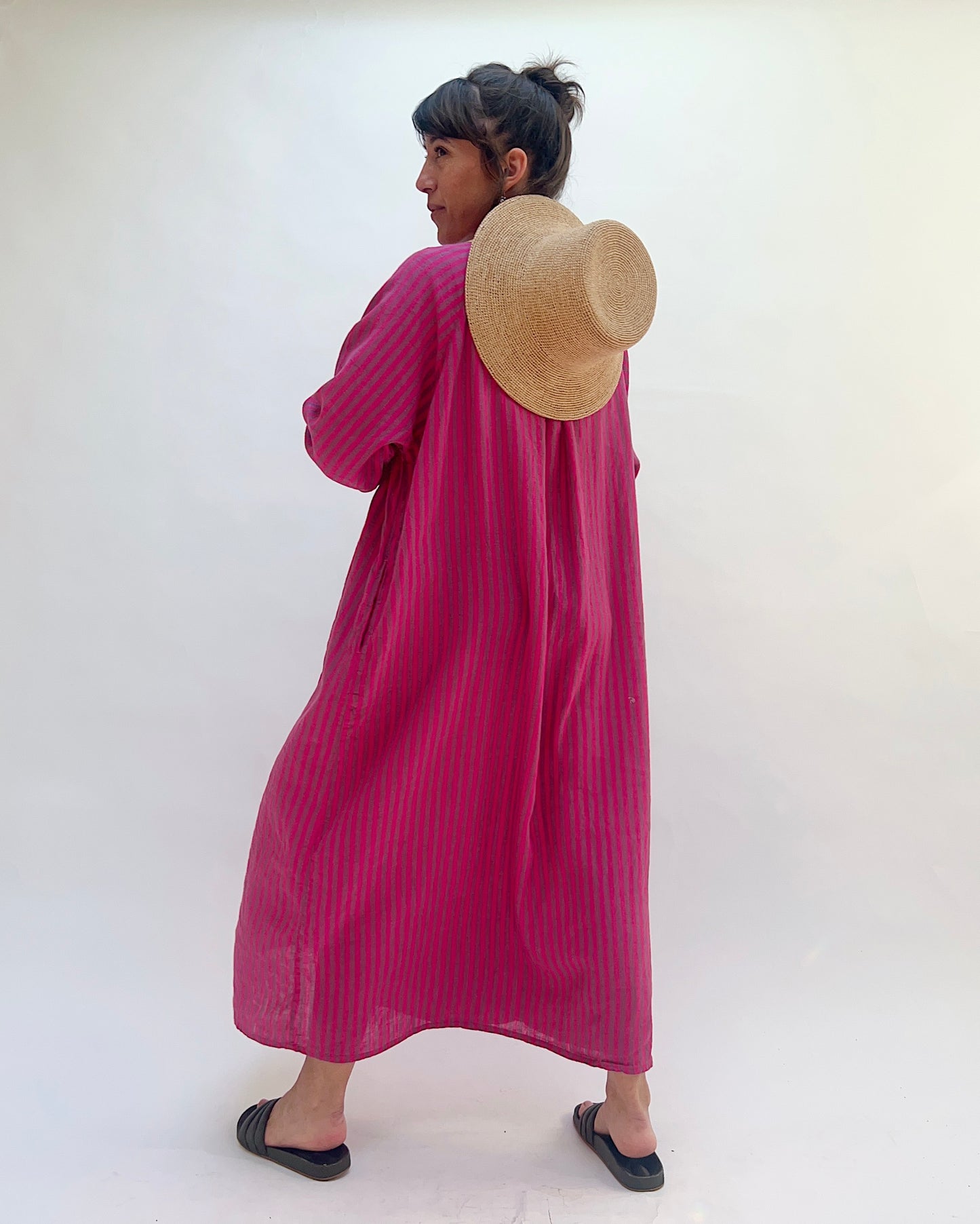 Woven Striped Dress in Bright Pink