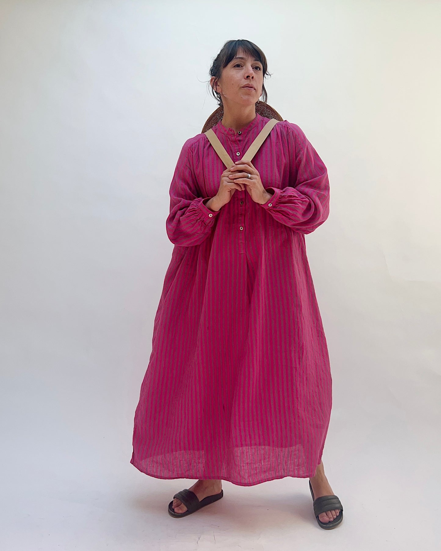 Woven Striped Dress in Bright Pink