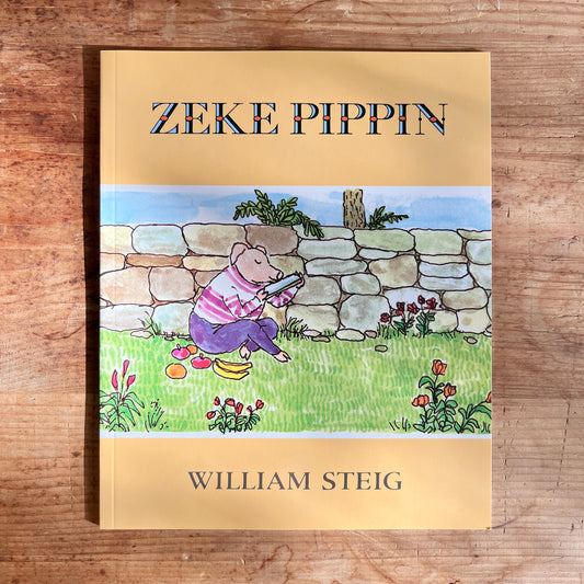 Cover of Zeke Pippin by William Steig, showing a pig playing a harmonica on the grass beside a stone wall.
