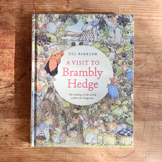 Cover of A Visit to Brambly Hedge by Jill Barklem, showing mice gathering blackberries among leafy hedgerow branches.
