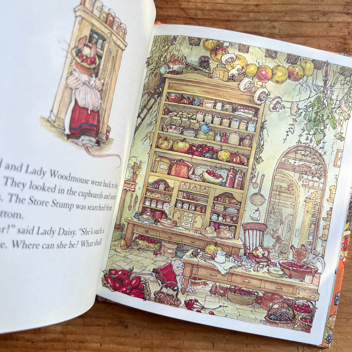 Open pages of Brambly Hedge Autumn Story showing mice searching a detailed pantry filled with jars, fruit, baskets, and hanging mushrooms.
