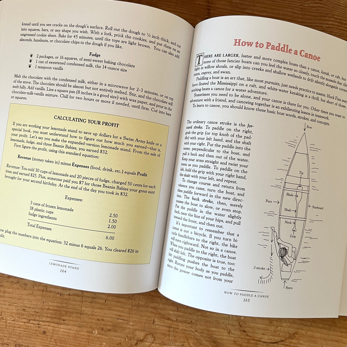 Open pages of The Daring Book for Girls showing a fudge recipe, lemonade stand profit calculations, and a canoe paddling diagram.
