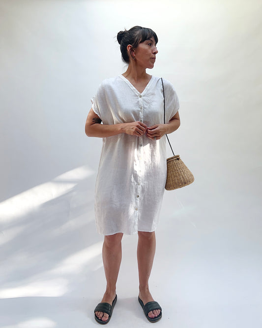 Hanky Linen Button Down Dress in White