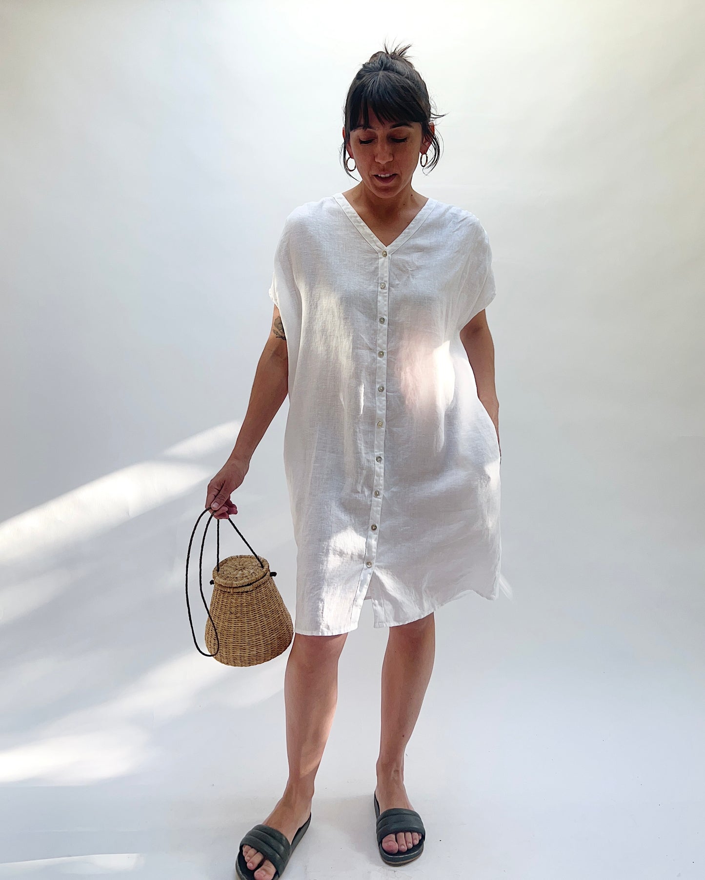 Hanky Linen Button Down Dress in White