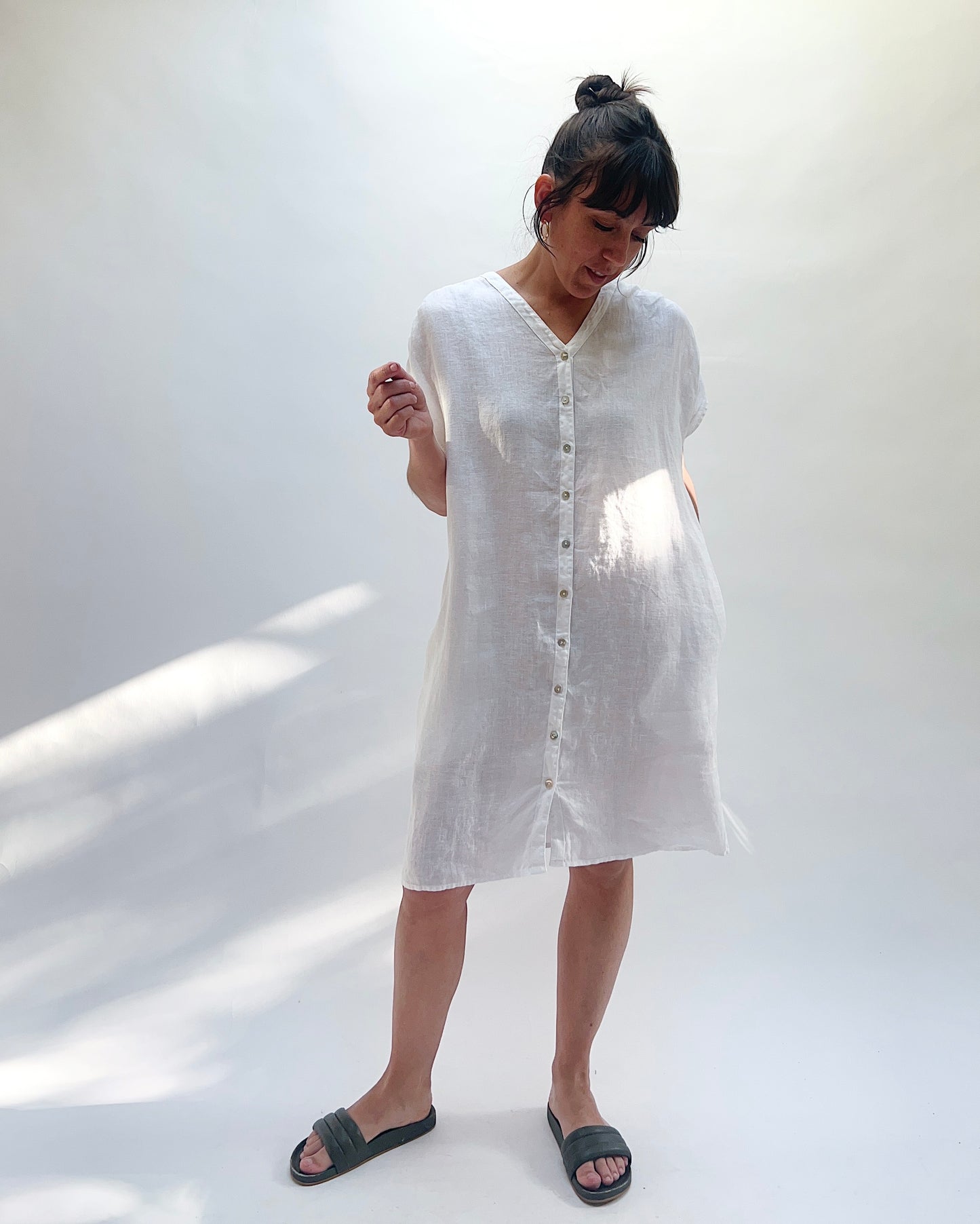 Hanky Linen Button Down Dress in White