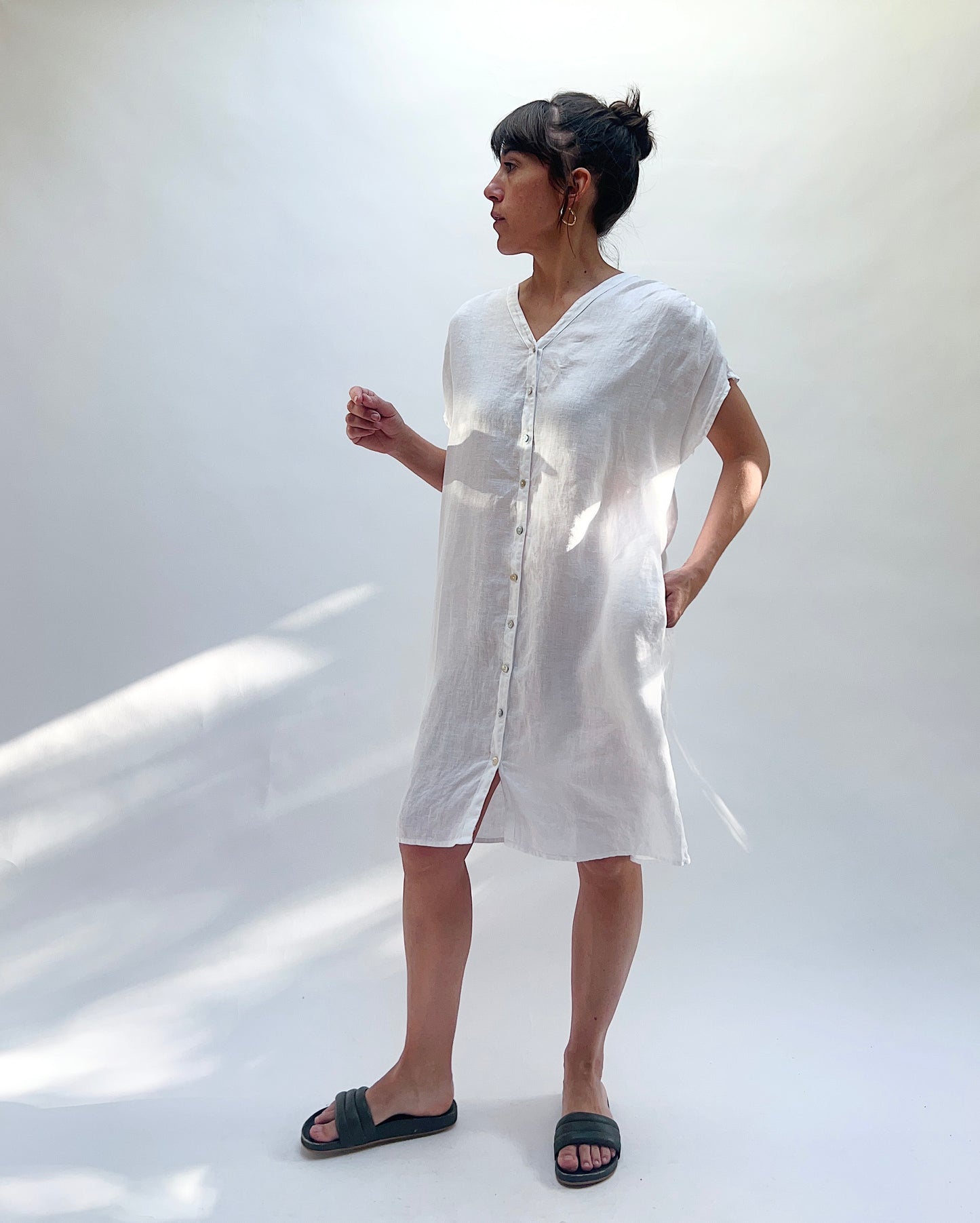 Hanky Linen Button Down Dress in White