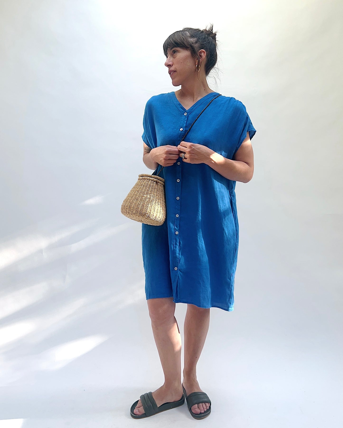 Hanky Linen Button Down Dress in Vivid Blue