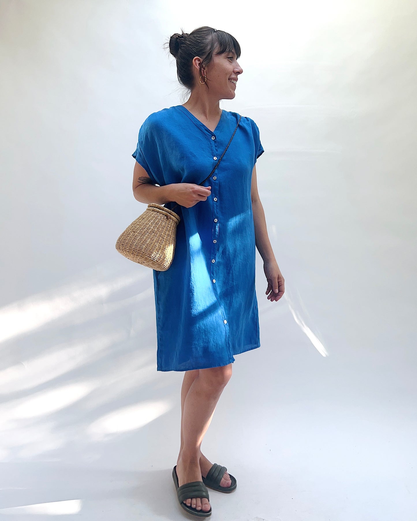 Hanky Linen Button Down Dress in Vivid Blue