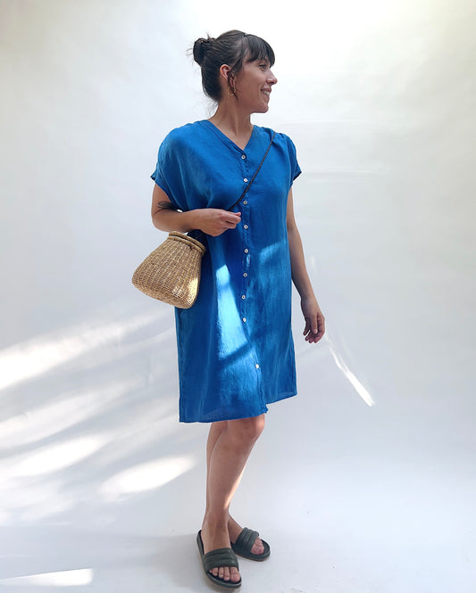 Hanky Linen Button Down Dress in Vivid Blue