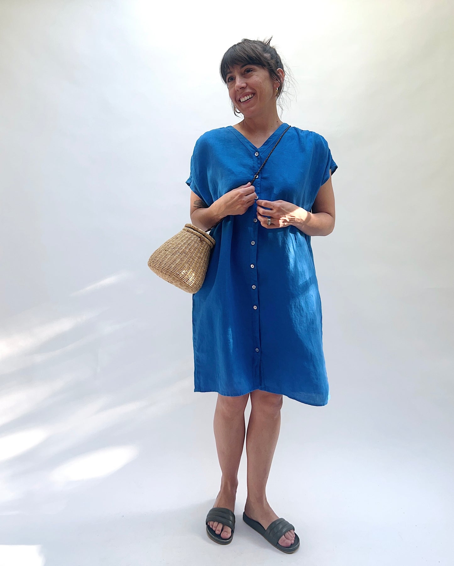Hanky Linen Button Down Dress in Vivid Blue