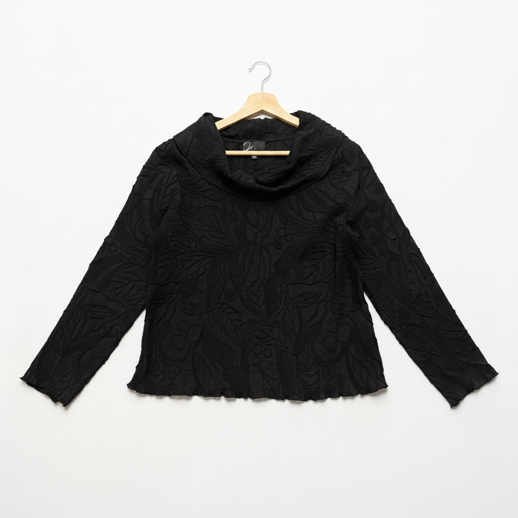 Black textured blouse on a hanger against a white background