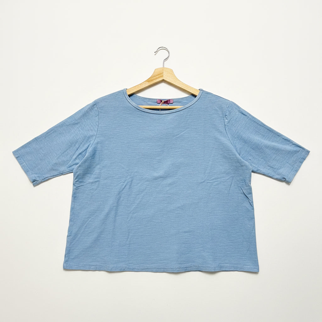 Blue t-shirt on a wooden hanger against a white background