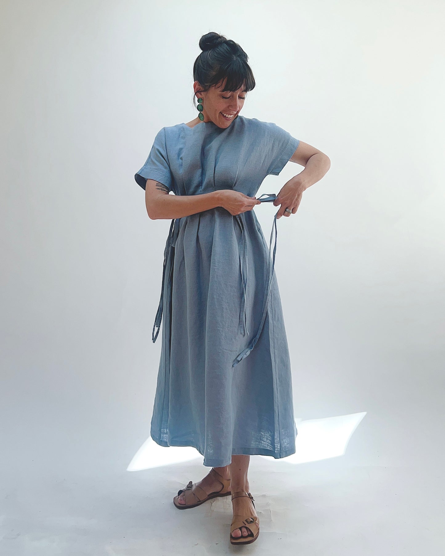Linen Tie Dress in Blue Sage