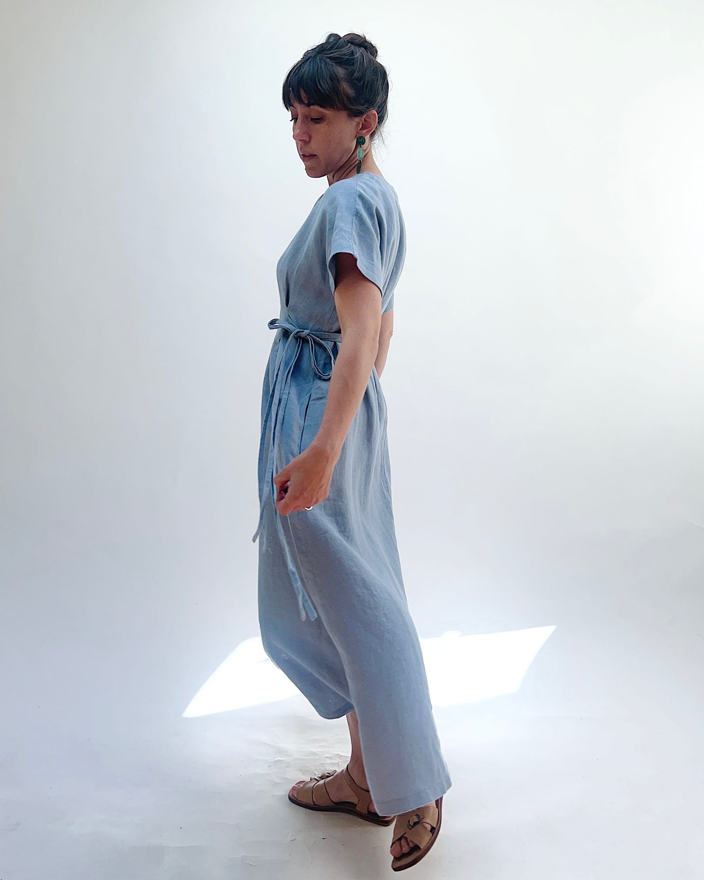 Linen Tie Dress in Blue Sage