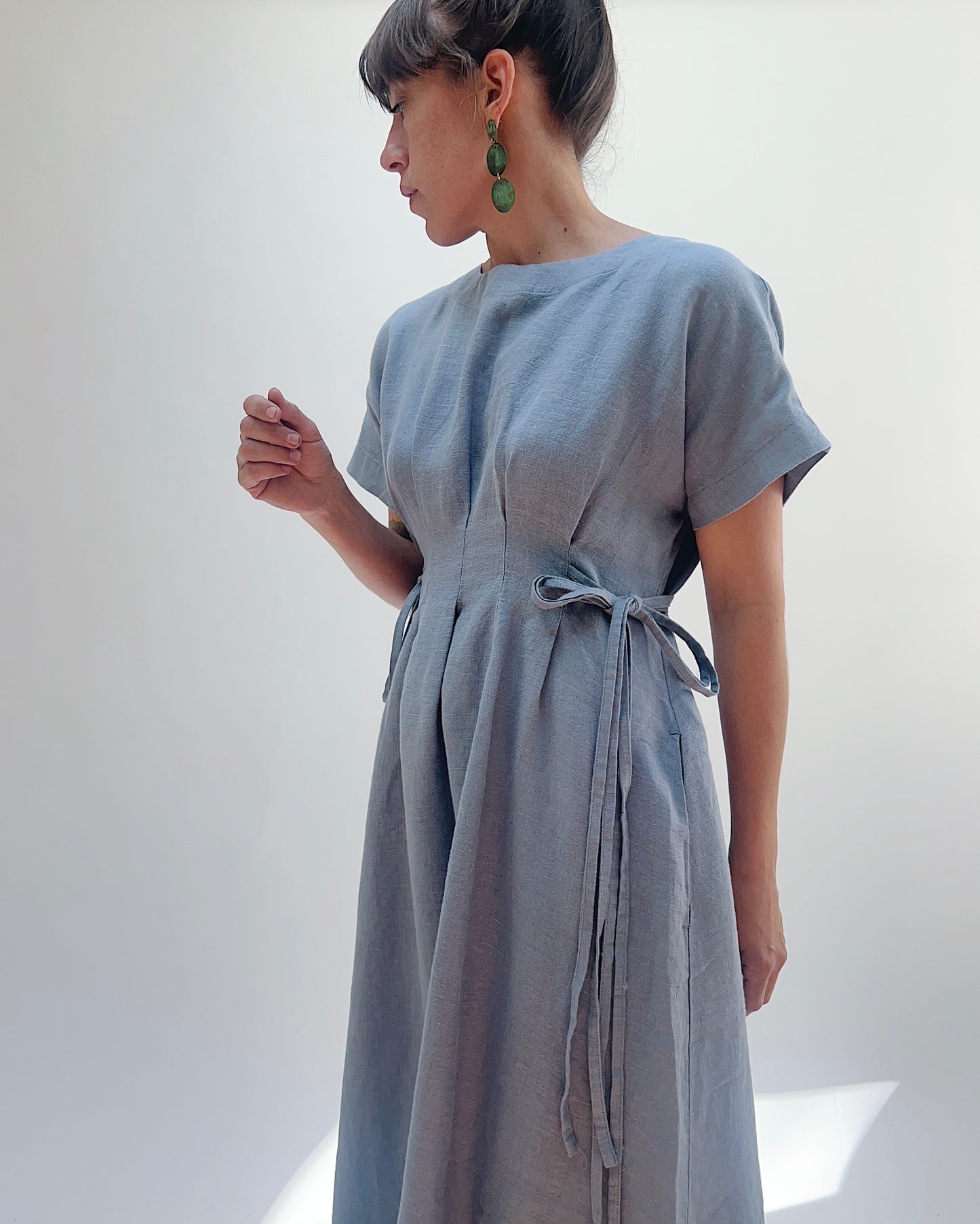 Linen Tie Dress in Blue Sage
