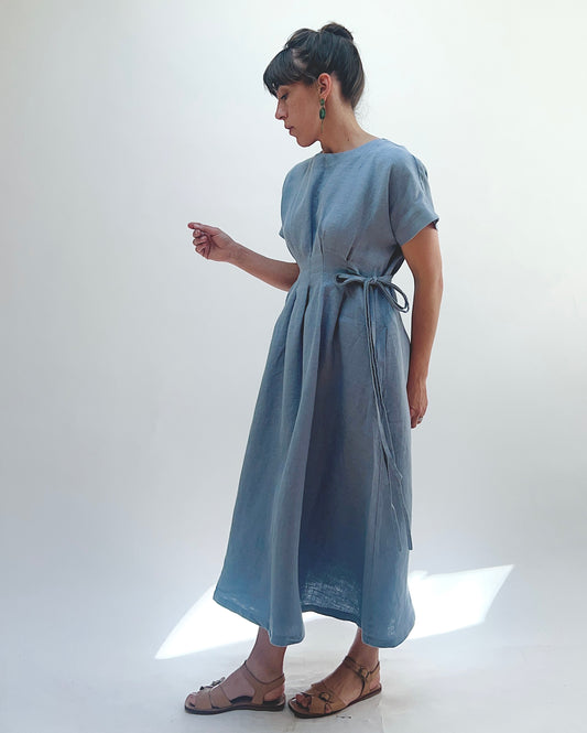 Linen Tie Dress in Blue Sage