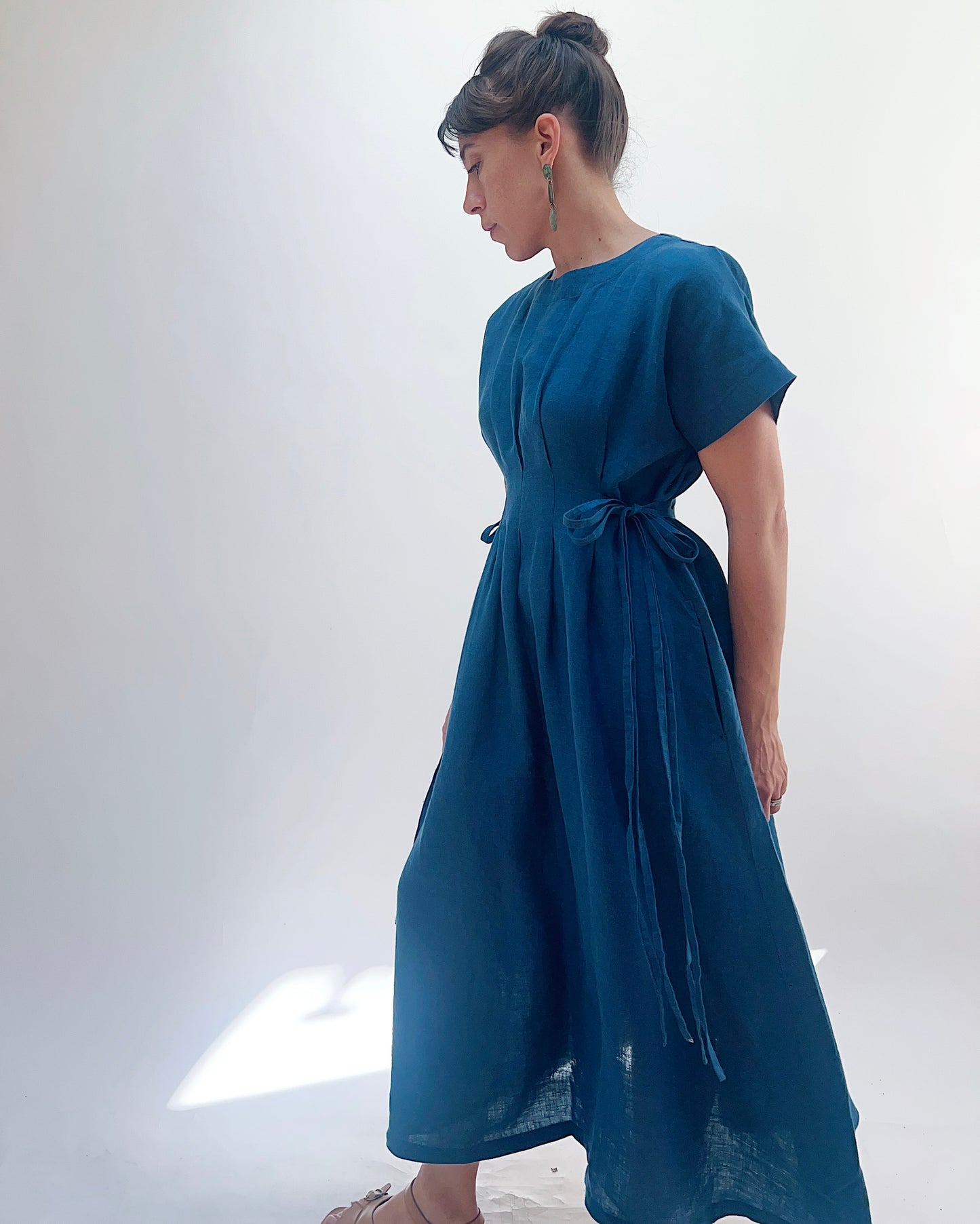 Linen Tie Dress in French Navy