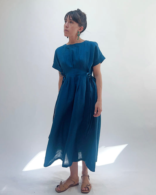 Linen Tie Dress in French Navy