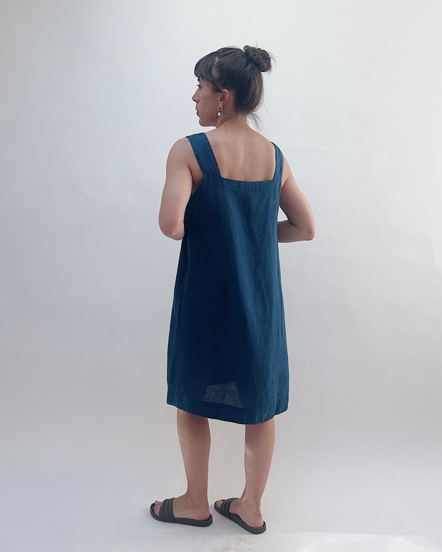 Square Neck Linen Dress in Naval
