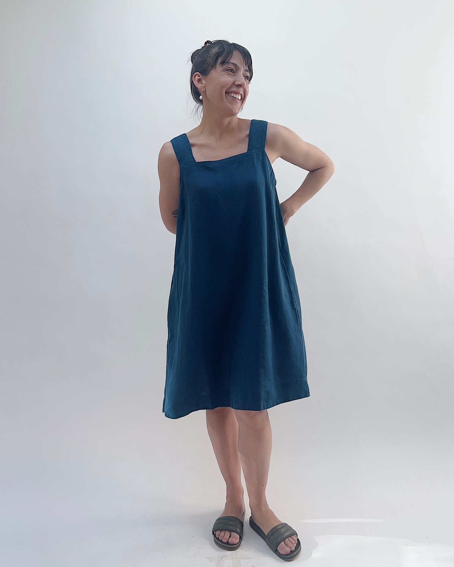 Square Neck Linen Dress in Naval