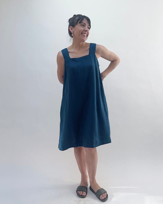 Square Neck Linen Dress in Naval